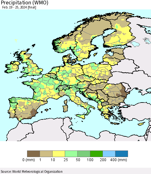 Europe Precipitation (WMO) Thematic Map For 2/19/2024 - 2/25/2024