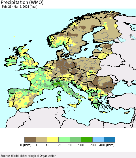 Europe Precipitation (WMO) Thematic Map For 2/26/2024 - 3/3/2024
