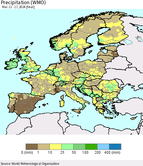 Europe Precipitation (WMO) Thematic Map For 3/11/2024 - 3/17/2024