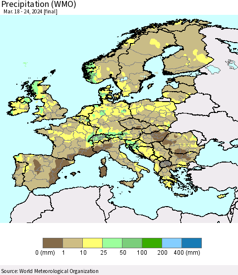 Europe Precipitation (WMO) Thematic Map For 3/18/2024 - 3/24/2024