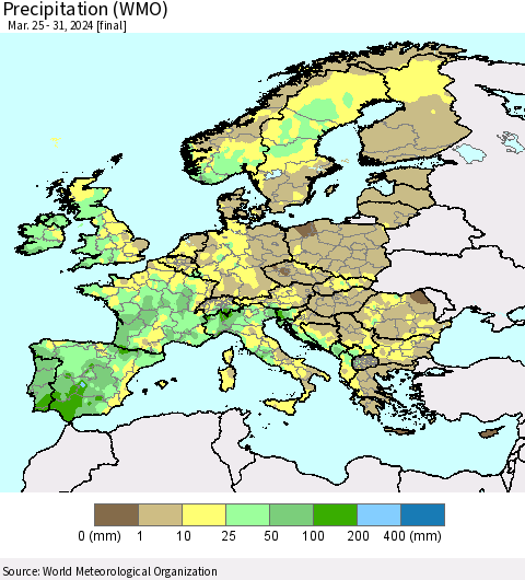 Europe Precipitation (WMO) Thematic Map For 3/25/2024 - 3/31/2024