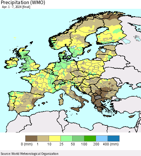 Europe Precipitation (WMO) Thematic Map For 4/1/2024 - 4/7/2024