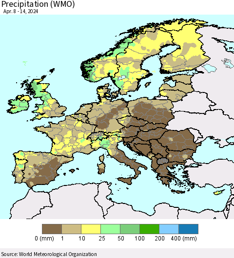 Europe Precipitation (WMO) Thematic Map For 4/8/2024 - 4/14/2024