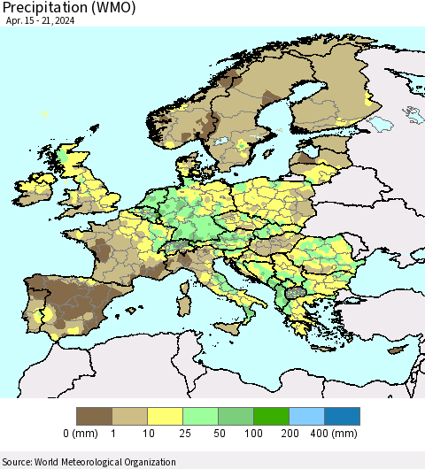 Europe Precipitation (WMO) Thematic Map For 4/15/2024 - 4/21/2024