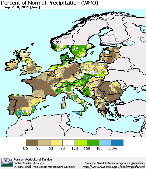 Europe Percent of Normal Precipitation (WMO) Thematic Map For 9/2/2019 - 9/8/2019