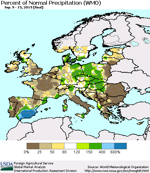 Europe Percent of Normal Precipitation (WMO) Thematic Map For 9/9/2019 - 9/15/2019