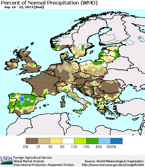 Europe Percent of Normal Precipitation (WMO) Thematic Map For 9/16/2019 - 9/22/2019