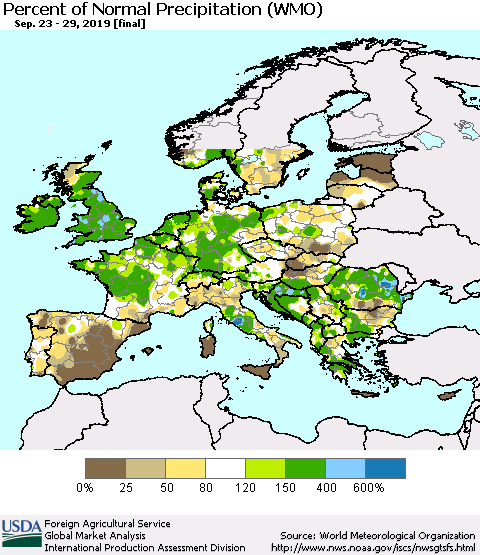 Europe Percent of Normal Precipitation (WMO) Thematic Map For 9/23/2019 - 9/29/2019