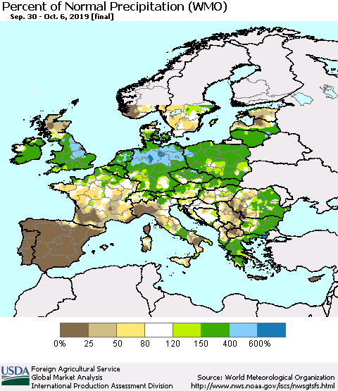Europe Percent of Normal Precipitation (WMO) Thematic Map For 9/30/2019 - 10/6/2019