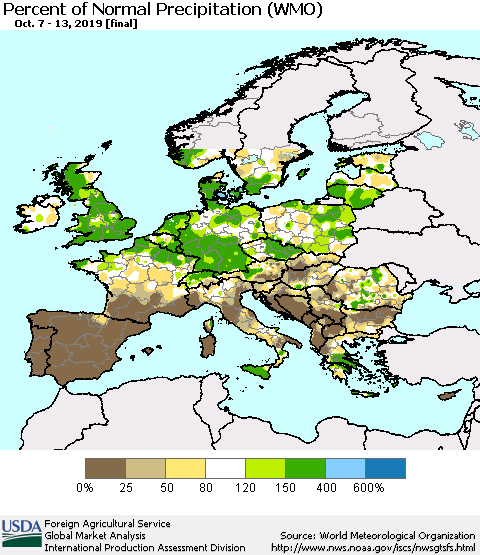 Europe Percent of Normal Precipitation (WMO) Thematic Map For 10/7/2019 - 10/13/2019