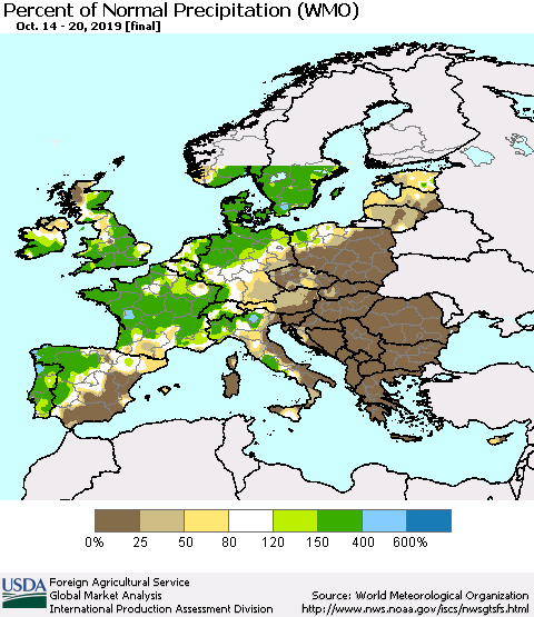 Europe Percent of Normal Precipitation (WMO) Thematic Map For 10/14/2019 - 10/20/2019