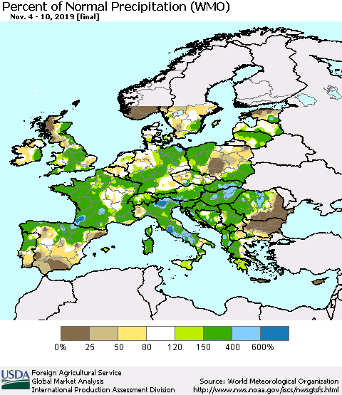 Europe Percent of Normal Precipitation (WMO) Thematic Map For 11/4/2019 - 11/10/2019