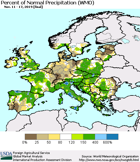 Europe Percent of Normal Precipitation (WMO) Thematic Map For 11/11/2019 - 11/17/2019