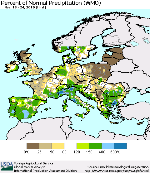 Europe Percent of Normal Precipitation (WMO) Thematic Map For 11/18/2019 - 11/24/2019