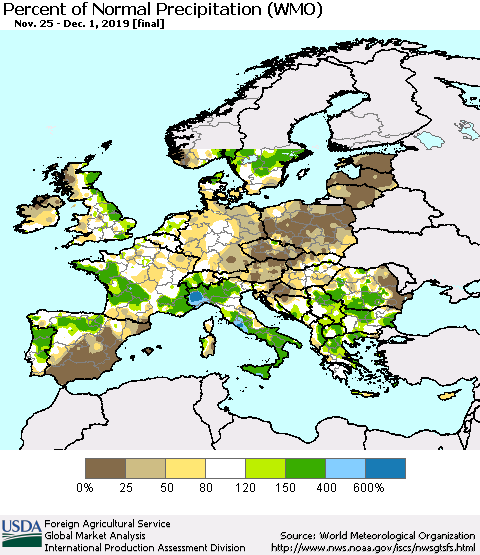 Europe Percent of Normal Precipitation (WMO) Thematic Map For 11/25/2019 - 12/1/2019
