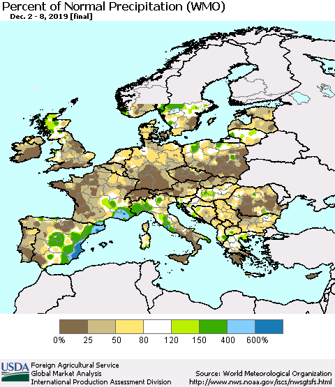 Europe Percent of Normal Precipitation (WMO) Thematic Map For 12/2/2019 - 12/8/2019