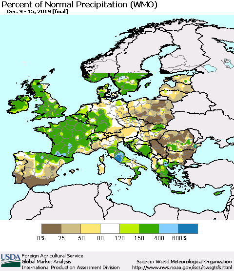 Europe Percent of Normal Precipitation (WMO) Thematic Map For 12/9/2019 - 12/15/2019