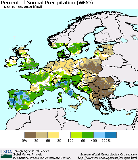 Europe Percent of Normal Precipitation (WMO) Thematic Map For 12/16/2019 - 12/22/2019