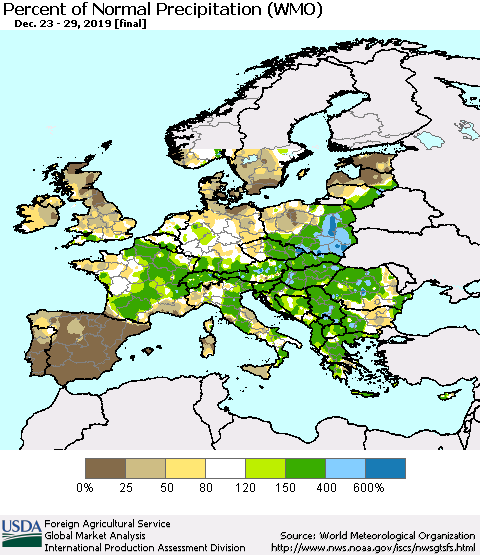 Europe Percent of Normal Precipitation (WMO) Thematic Map For 12/23/2019 - 12/29/2019