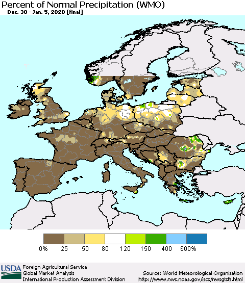 Europe Percent of Normal Precipitation (WMO) Thematic Map For 12/30/2019 - 1/5/2020