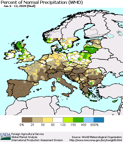 Europe Percent of Normal Precipitation (WMO) Thematic Map For 1/6/2020 - 1/12/2020