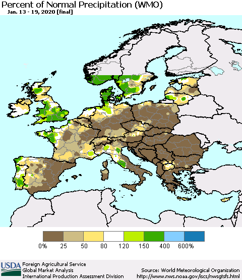 Europe Percent of Normal Precipitation (WMO) Thematic Map For 1/13/2020 - 1/19/2020