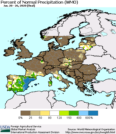 Europe Percent of Normal Precipitation (WMO) Thematic Map For 1/20/2020 - 1/26/2020