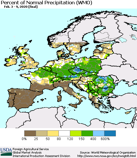Europe Percent of Normal Precipitation (WMO) Thematic Map For 2/3/2020 - 2/9/2020