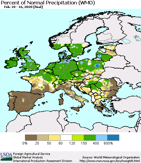 Europe Percent of Normal Precipitation (WMO) Thematic Map For 2/10/2020 - 2/16/2020
