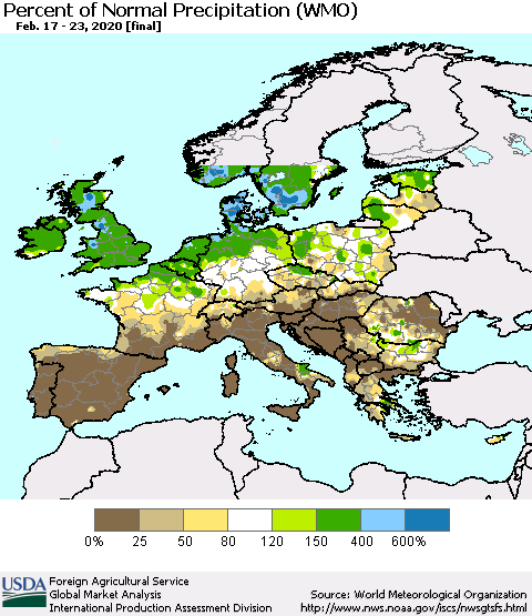 Europe Percent of Normal Precipitation (WMO) Thematic Map For 2/17/2020 - 2/23/2020