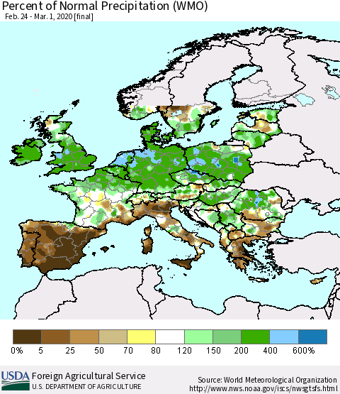 Europe Percent of Normal Precipitation (WMO) Thematic Map For 2/24/2020 - 3/1/2020