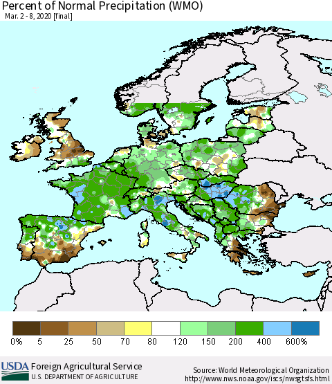 Europe Percent of Normal Precipitation (WMO) Thematic Map For 3/2/2020 - 3/8/2020