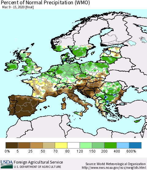 Europe Percent of Normal Precipitation (WMO) Thematic Map For 3/9/2020 - 3/15/2020