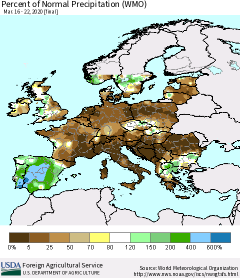 Europe Percent of Normal Precipitation (WMO) Thematic Map For 3/16/2020 - 3/22/2020