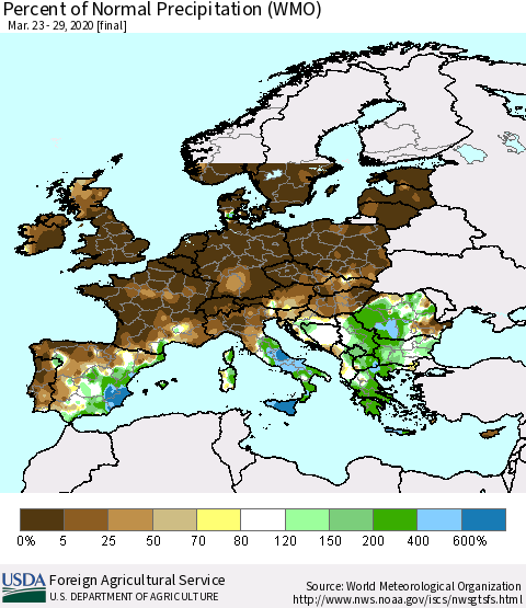 Europe Percent of Normal Precipitation (WMO) Thematic Map For 3/23/2020 - 3/29/2020