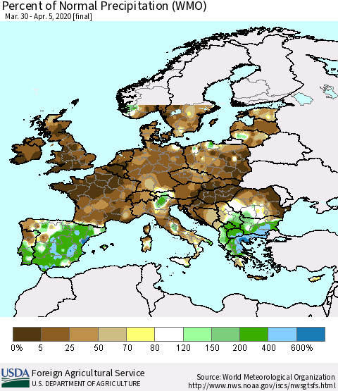 Europe Percent of Normal Precipitation (WMO) Thematic Map For 3/30/2020 - 4/5/2020