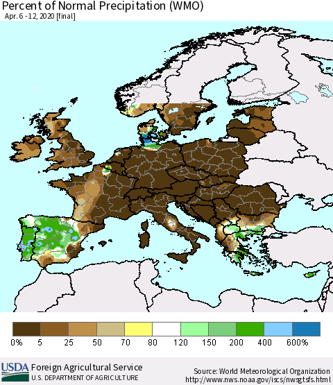 Europe Percent of Normal Precipitation (WMO) Thematic Map For 4/6/2020 - 4/12/2020