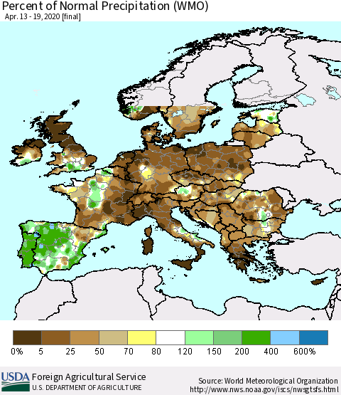 Europe Percent of Normal Precipitation (WMO) Thematic Map For 4/13/2020 - 4/19/2020