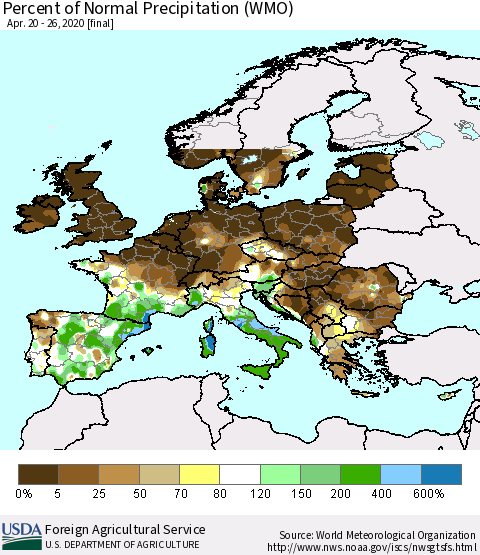 Europe Percent of Normal Precipitation (WMO) Thematic Map For 4/20/2020 - 4/26/2020