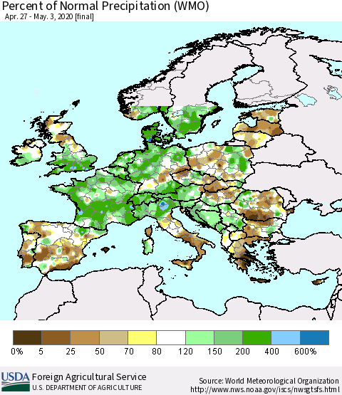 Europe Percent of Normal Precipitation (WMO) Thematic Map For 4/27/2020 - 5/3/2020