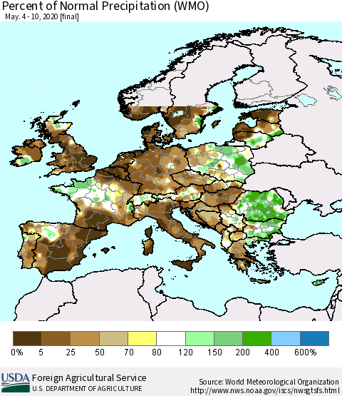 Europe Percent of Normal Precipitation (WMO) Thematic Map For 5/4/2020 - 5/10/2020