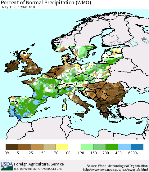 Europe Percent of Normal Precipitation (WMO) Thematic Map For 5/11/2020 - 5/17/2020