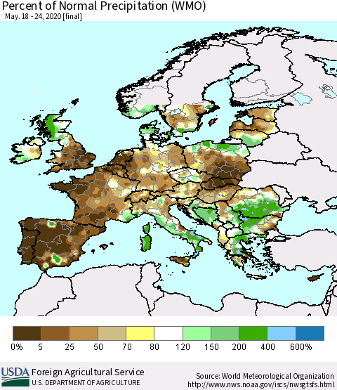 Europe Percent of Normal Precipitation (WMO) Thematic Map For 5/18/2020 - 5/24/2020