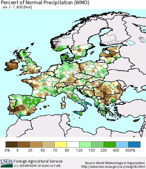 Europe Percent of Normal Precipitation (WMO) Thematic Map For 6/1/2020 - 6/7/2020