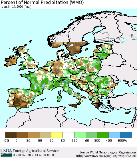 Europe Percent of Normal Precipitation (WMO) Thematic Map For 6/8/2020 - 6/14/2020