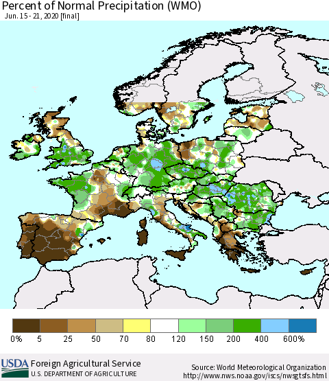 Europe Percent of Normal Precipitation (WMO) Thematic Map For 6/15/2020 - 6/21/2020