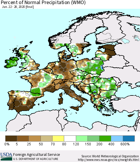 Europe Percent of Normal Precipitation (WMO) Thematic Map For 6/22/2020 - 6/28/2020