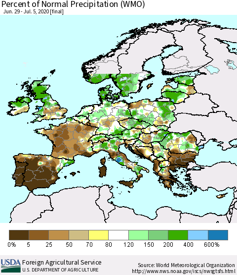 Europe Percent of Normal Precipitation (WMO) Thematic Map For 6/29/2020 - 7/5/2020