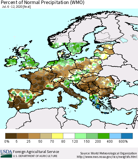 Europe Percent of Normal Precipitation (WMO) Thematic Map For 7/6/2020 - 7/12/2020