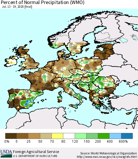 Europe Percent of Normal Precipitation (WMO) Thematic Map For 7/13/2020 - 7/19/2020